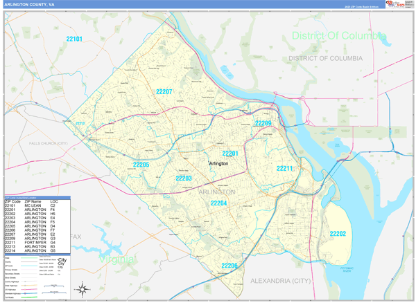 Arlington County Zip Code Map Arlington County, VA Zip Code Wall Map Basic Style by MarketMAPS