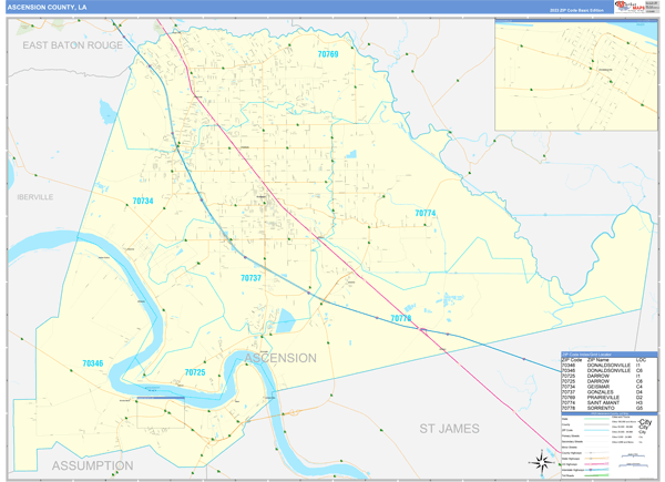 Ascension Parish (County), LA Zip Code Wall Map