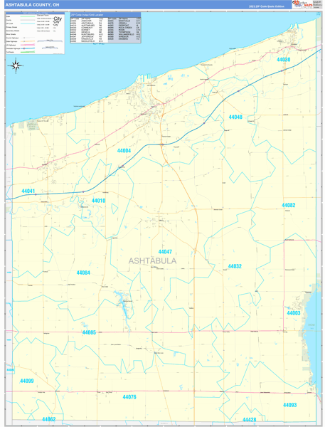 Ashtabula County, OH Zip Code Wall Map Basic Style by MarketMAPS - MapSales