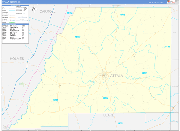 Attala County, MS Wall Map Basic Style