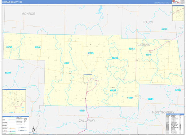 Audrain County, MO Zip Code Wall Map