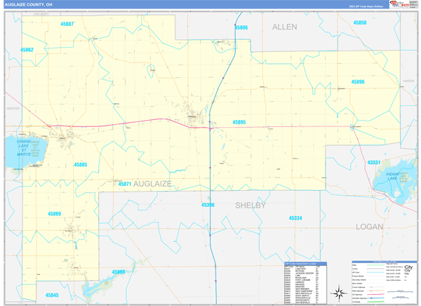 Auglaize County, OH Zip Code Wall Map