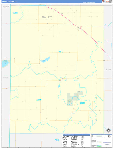 Bailey County, TX Zip Code Wall Map