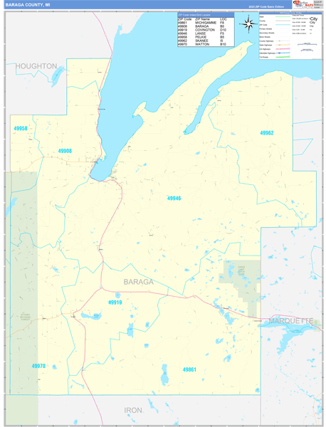 Baraga County, MI Zip Code Wall Map
