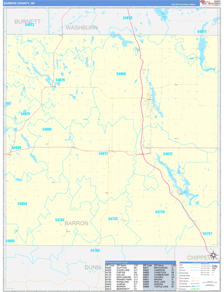 Barron County, WI Zip Code Wall Map Basic Style by MarketMAPS