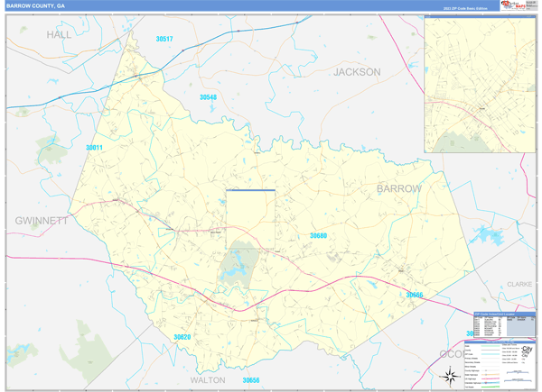 Barrow County, GA Zip Code Wall Map