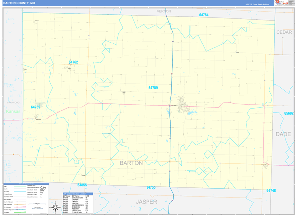 Barton County, MO Zip Code Wall Map