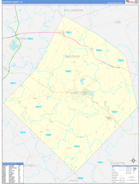Bastrop County Wall Map Basic Style