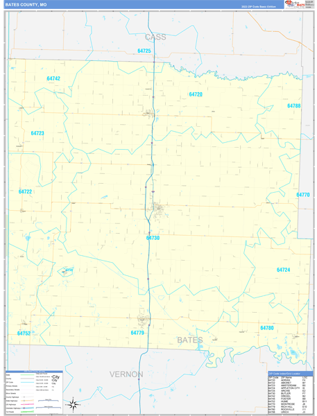 Bates County, MO Wall Map Basic Style