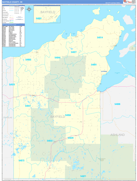 Bayfield County, WI Zip Code Wall Map