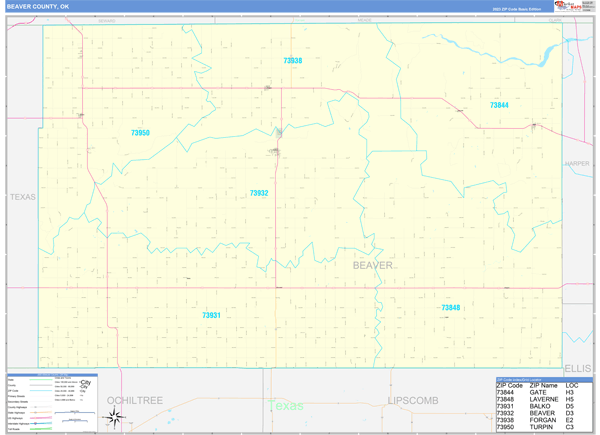 Beaver County, OK Wall Map Basic Style