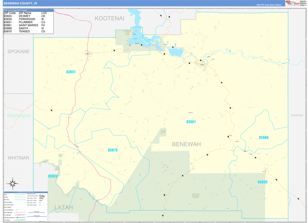 Benewah County, ID Wall Map Basic Style