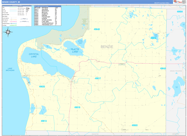 Benzie County, MI Zip Code Wall Map