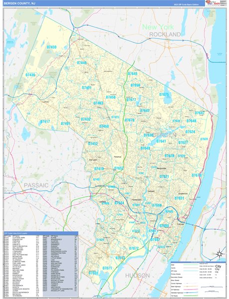 Bergen County, NJ Zip Code Wall Map