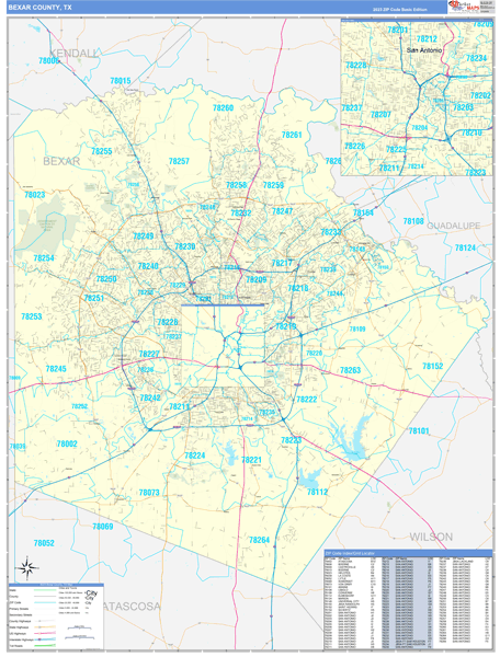 Bexar County, TX Zip Code Wall Map Basic Style by MarketMAPS - MapSales