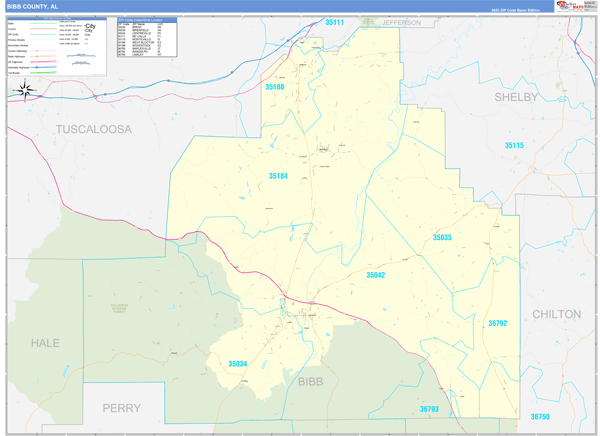 Bibb County, AL Zip Code Wall Map