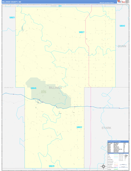 Billings County, ND Wall Map Basic Style