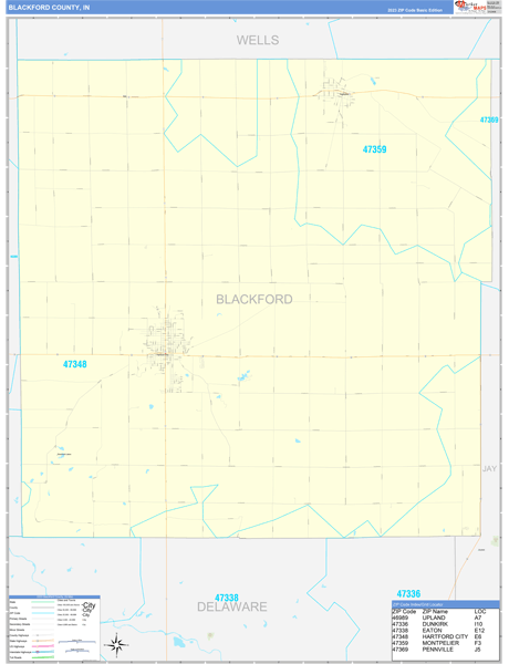 Blackford County, IN Wall Map Basic Style
