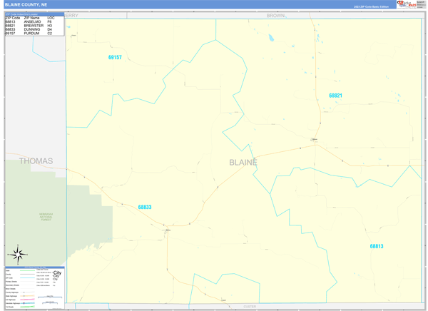 Blaine County, NE Wall Map Basic Style