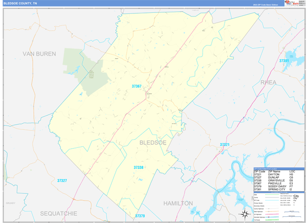 Bledsoe County, TN Zip Code Wall Map Basic Style by MarketMAPS