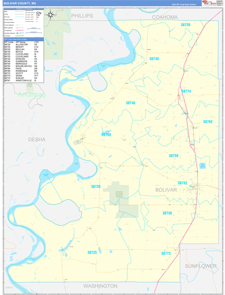 Bolivar County, MS Zip Code Wall Map