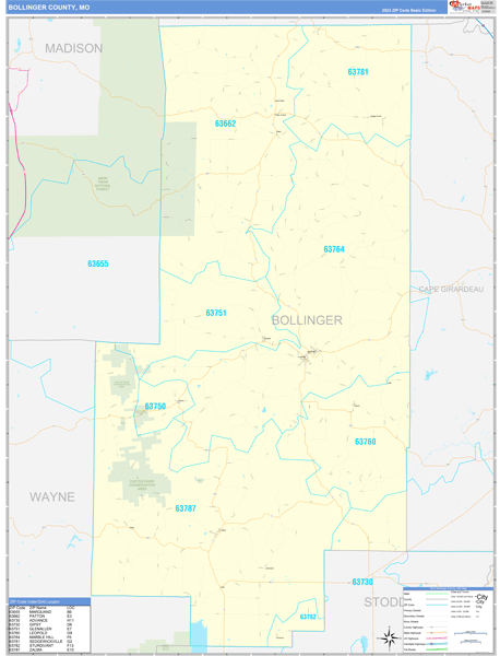 Bollinger County, MO Zip Code Wall Map