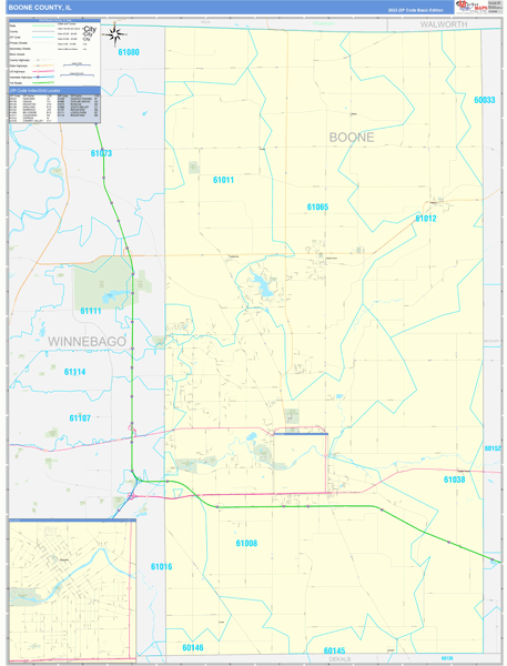 Boone County, IL Zip Code Wall Map