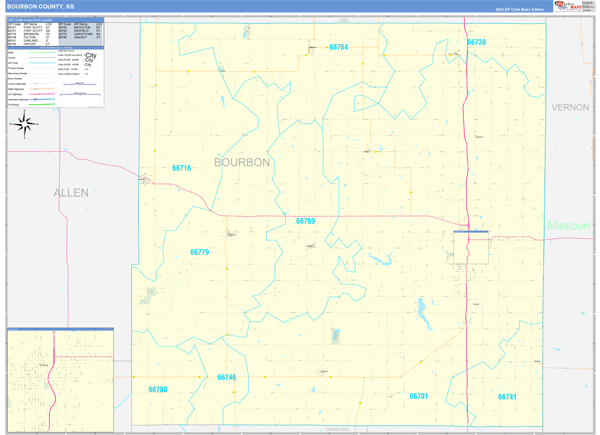 Bourbon County, KS Zip Code Wall Map