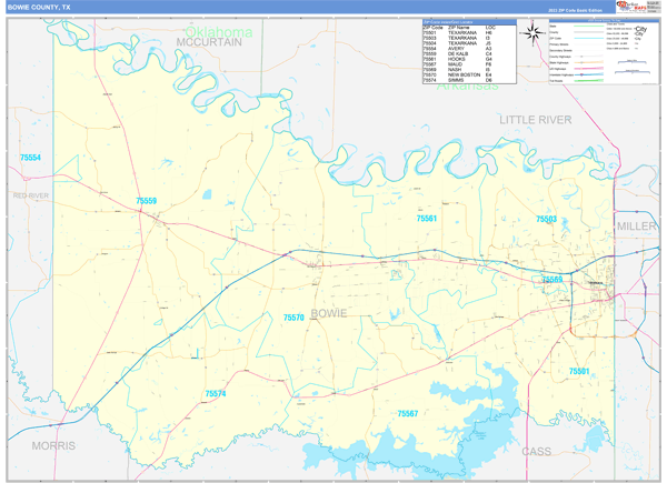 Bowie County, TX Zip Code Wall Map