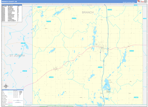 Branch County, MI Zip Code Wall Map