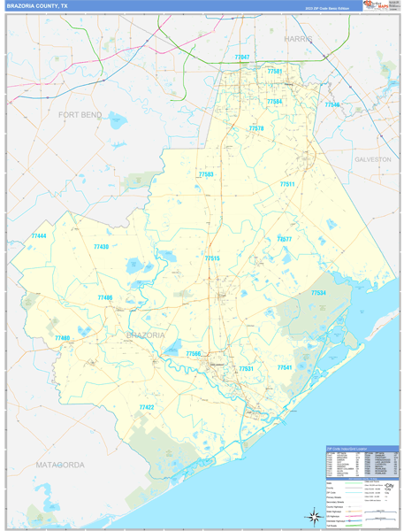 Brazoria County, TX Zip Code Wall Map