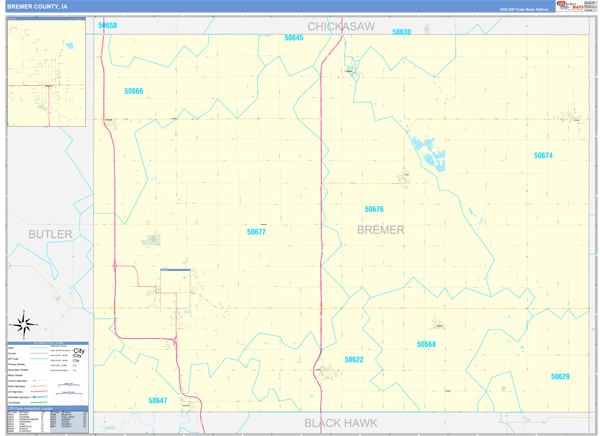 Bremer County, IA Zip Code Wall Map