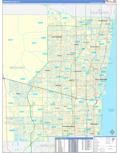 Broward County, FL Zip Code Wall Map