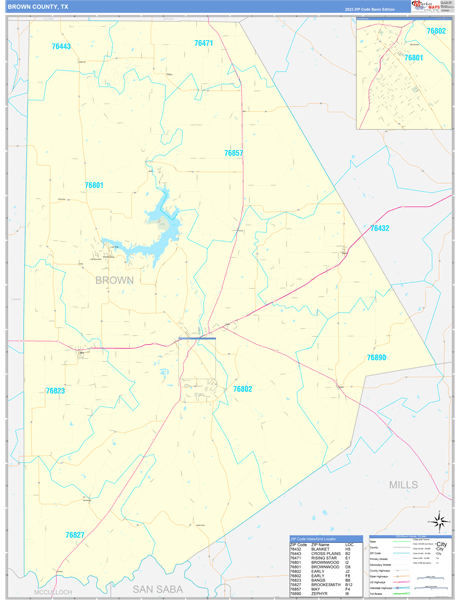 Brown County, TX Zip Code Wall Map