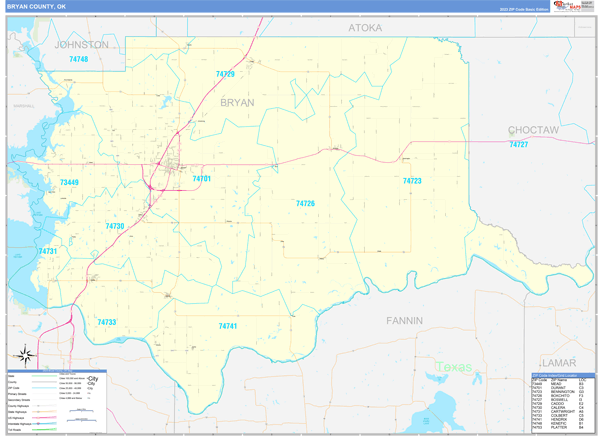 Bryan County, OK Zip Code Wall Map