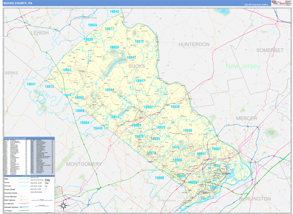 Bucks County, PA Zip Code Wall Map Basic Style by MarketMAPS - MapSales