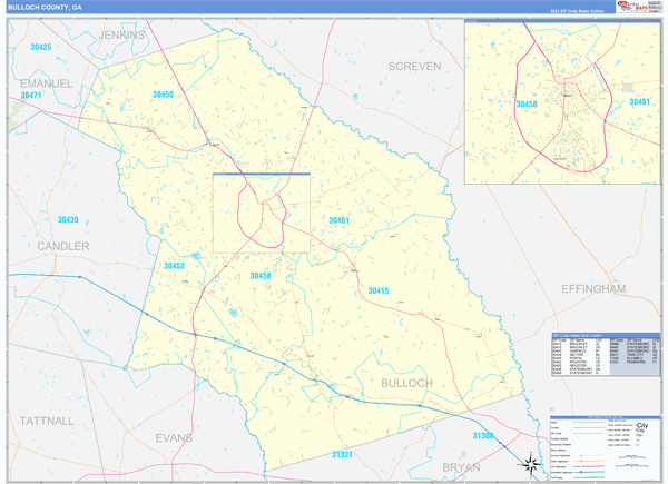 Bulloch County GA Zip Code Wall Map Basic Style By MarketMAPS MapSales