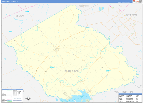 Burleson County, TX Zip Code Wall Map