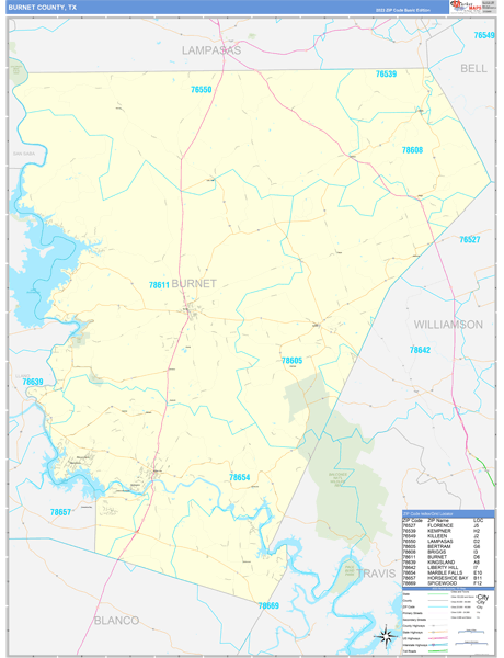Burnet County, TX Zip Code Wall Map