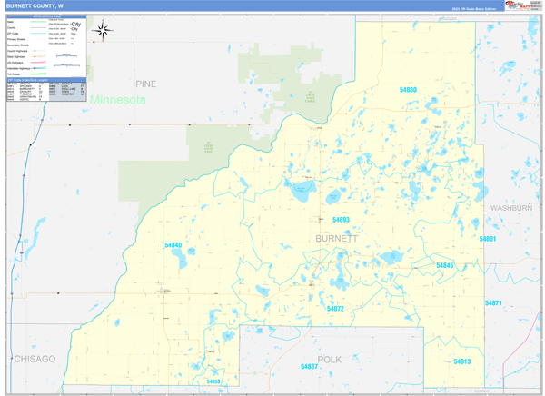 Burnett County, WI Zip Code Wall Map