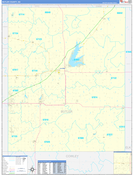 Butler County, KS Zip Code Wall Map