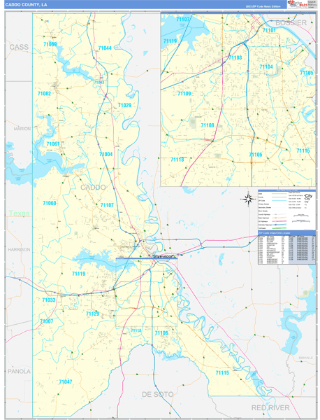 Caddo Parish (County), LA Zip Code Wall Map