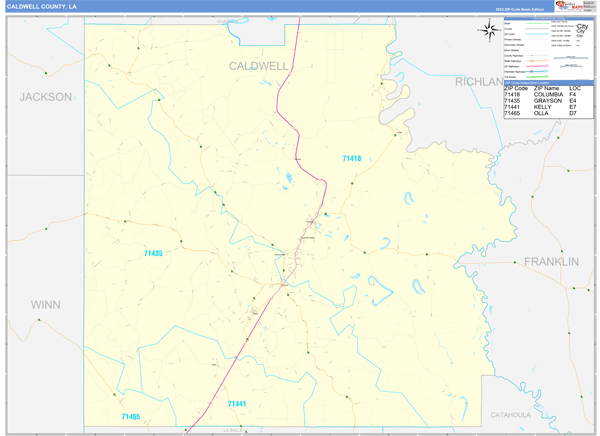 Caldwell Parish (County), LA Zip Code Wall Map