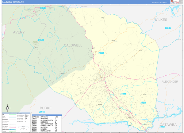 Caldwell County, NC Wall Map Basic Style
