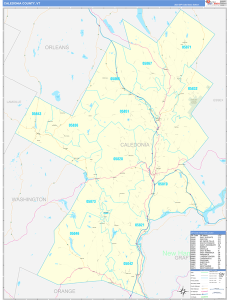 Caledonia County, VT Zip Code Wall Map