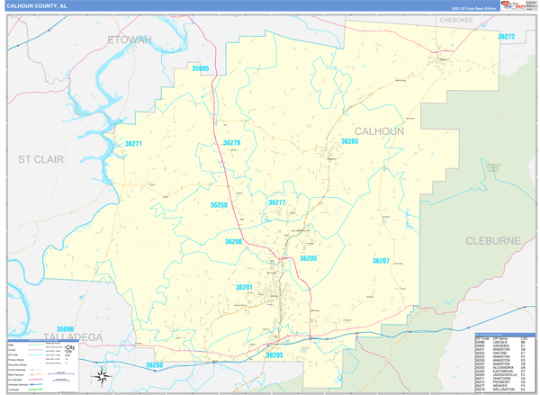 Calhoun County, AL Zip Code Wall Map