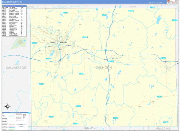 Calhoun County, MI Zip Code Wall Map