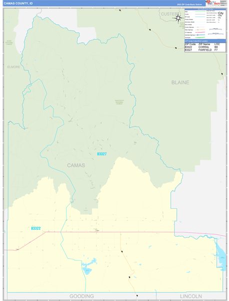 Camas County, ID Zip Code Wall Map Basic Style by MarketMAPS - MapSales