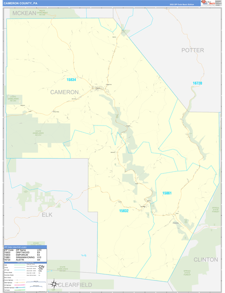 Cameron County, PA Zip Code Wall Map