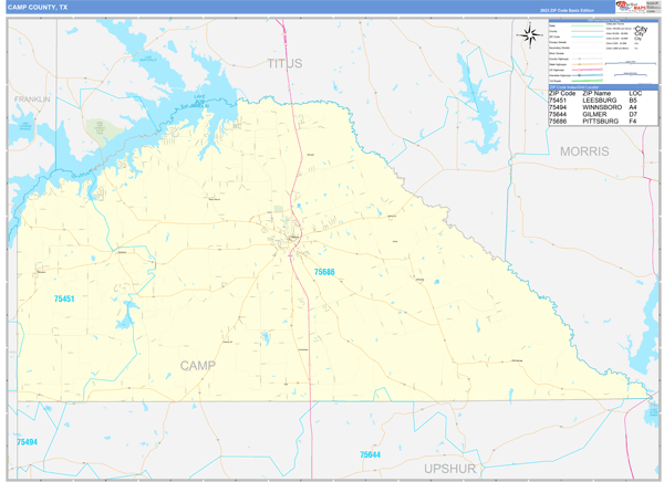 Camp County, TX Zip Code Wall Map